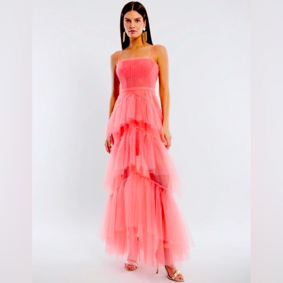 BCBG MAXAZRIA Oly Tiered Ruffle Tulle Evening Gown SHELL PINK